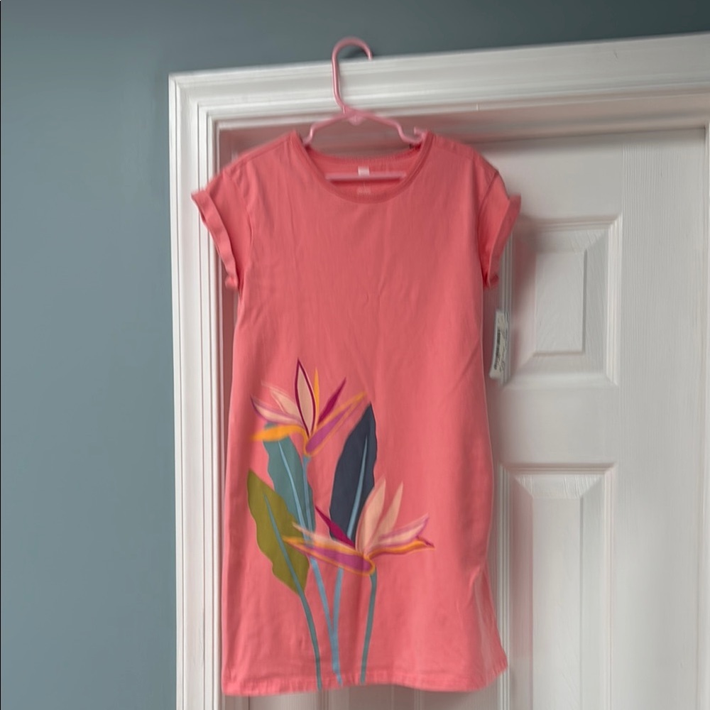 Tea Collection Pink and Green Short Sleeve Dress with Tropical Design